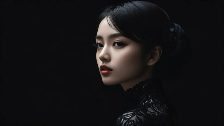 Girl standing in a vast pure void with perfect blacks and luminescent accents for desktop/pc