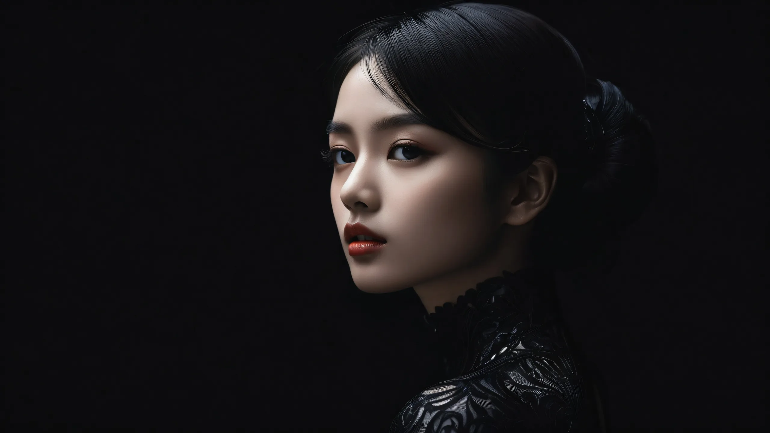 Girl standing in a vast pure void with perfect blacks and luminescent accents for desktop/pc