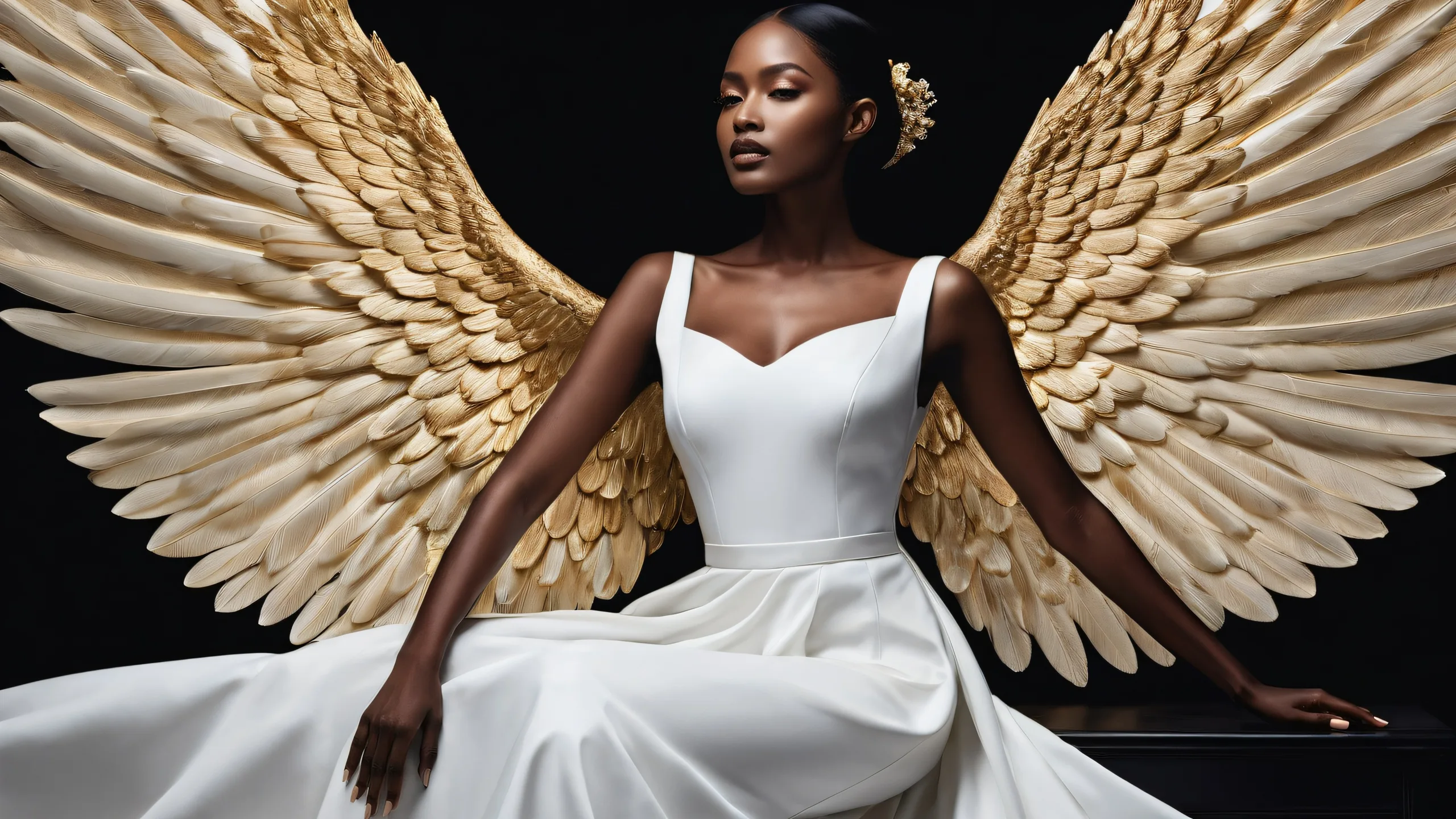 A beautiful woman in white dress against a perfectly clean vast pure void with subtle hints of illumination for desktop/pc use.