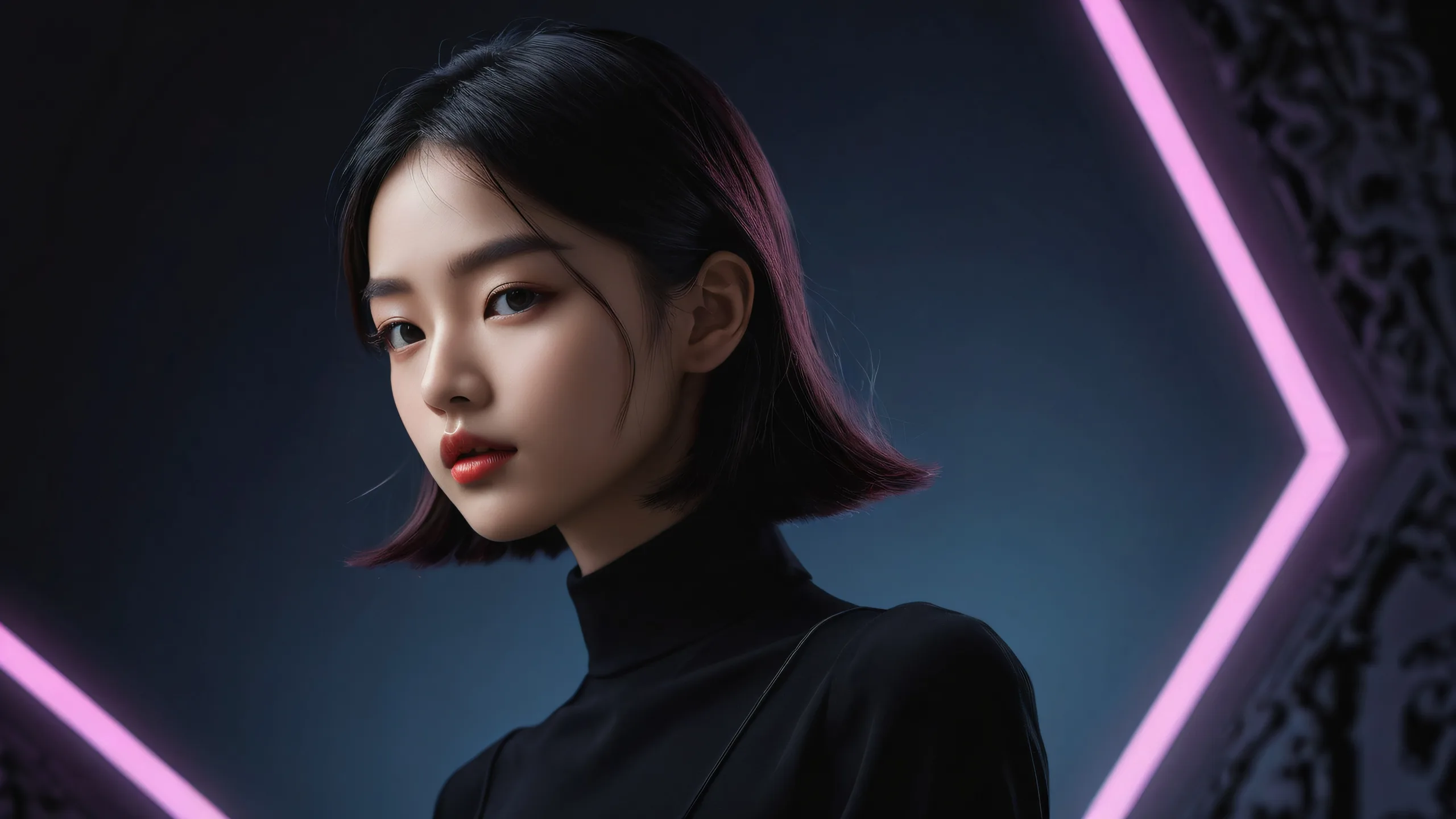 A girl stands in a vast pure void, perfect for desktop/pc screens. Extremely high-quality digital art with deep blacks and striking contrast.