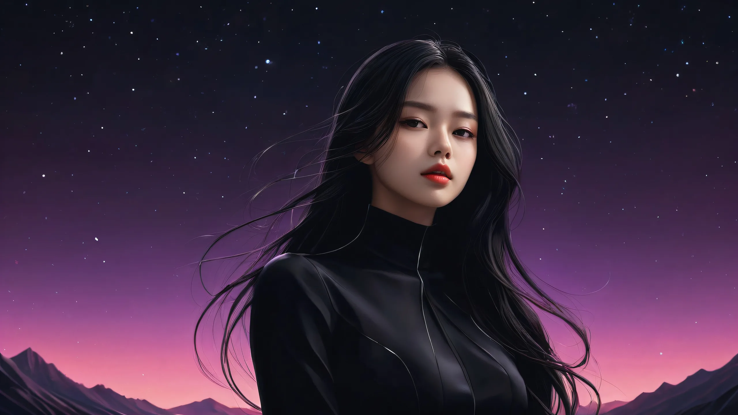 A girl in a vast, pure void with deep blacks and luminescent accents for Desktop/PC use.