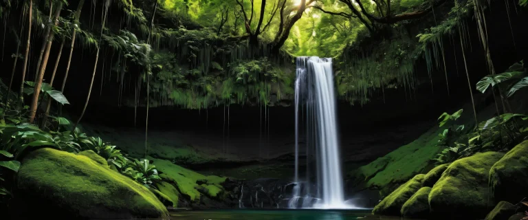 A serene waterfall scene for Desktop/PC with lush summer vegetation and intense sunlight.
