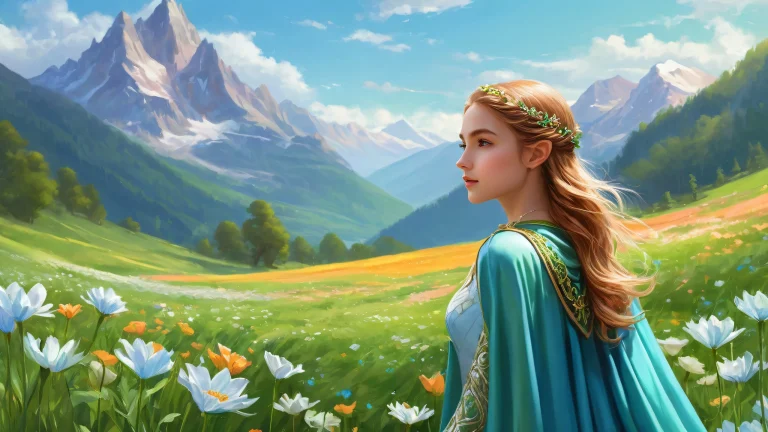 A serene desktop image of an elf girl standing in a pure void with a mountain chain in the distance on a sunny day, perfect for your Desktop/PC.