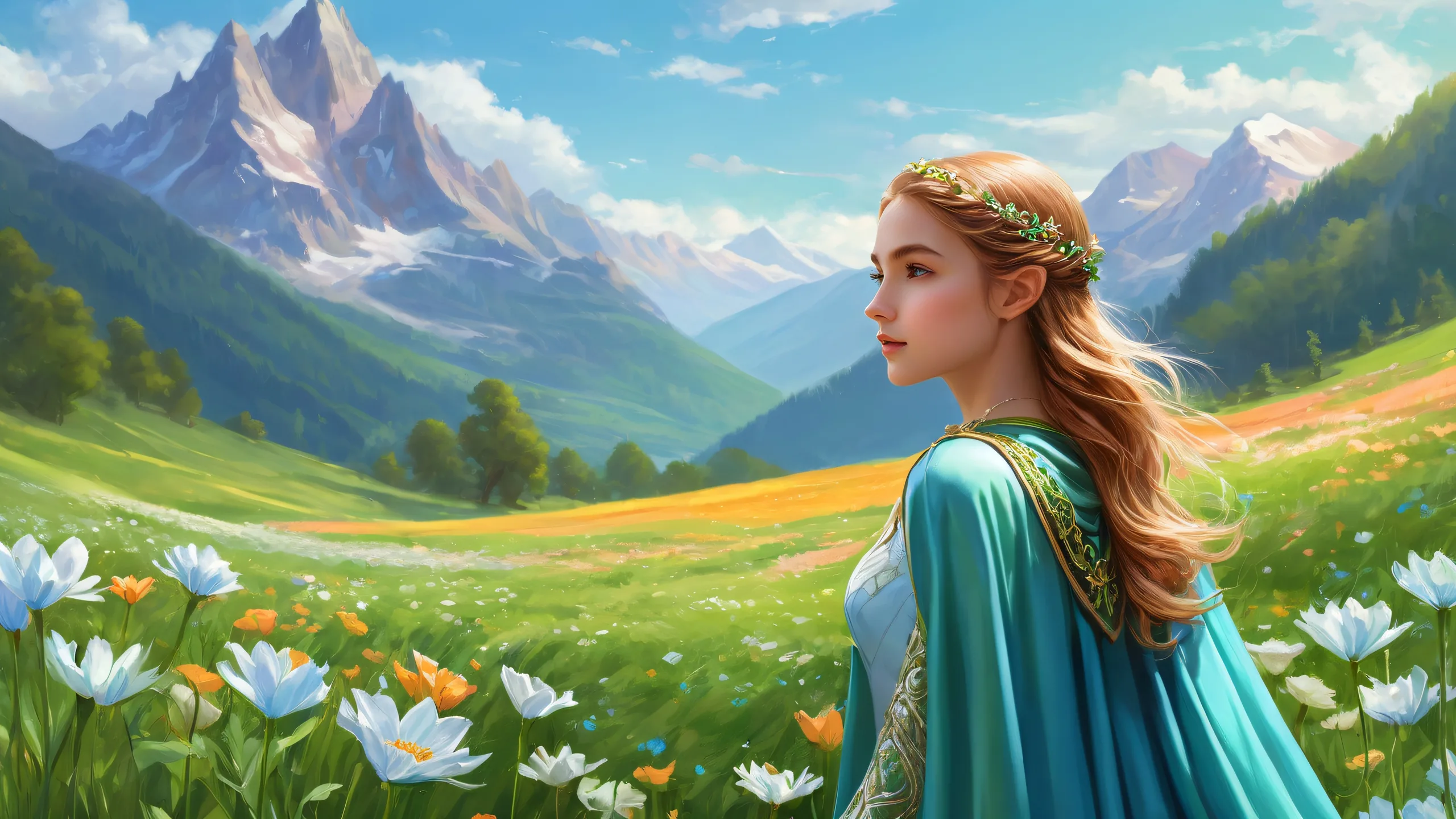A serene desktop image of an elf girl standing in a pure void with a mountain chain in the distance on a sunny day, perfect for your Desktop/PC.