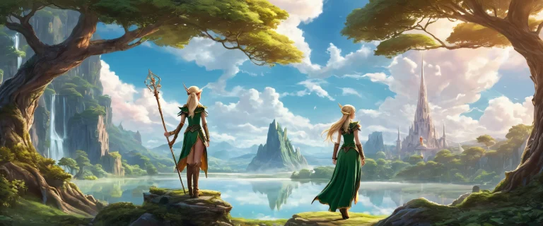 Elf girl with staff and statue against a pristine void background, on a desktop/pc screen. Ethereal atmosphere.