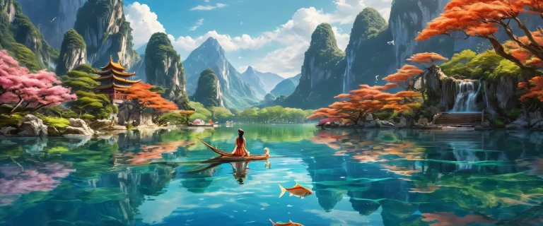 An elf girl swimming with fish near a lake and Chinese dragon on desktop or PC, perfect for fantasy fans.