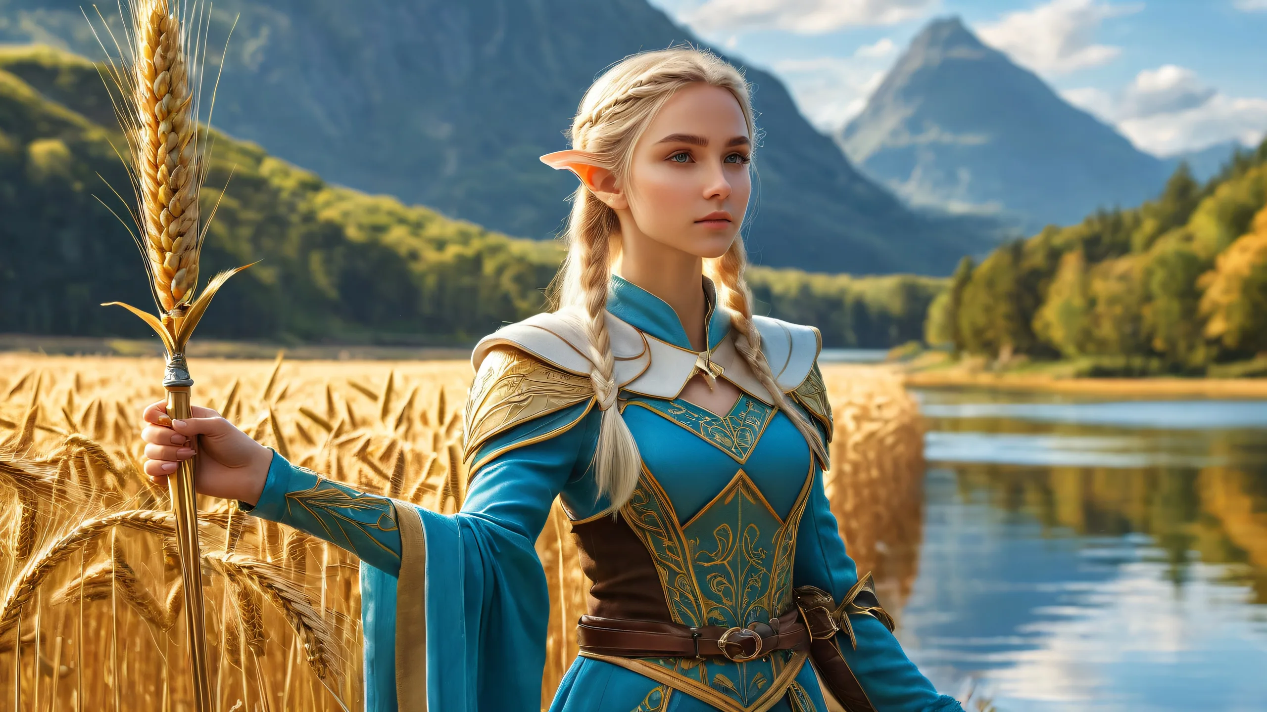 Elf girl with sword and wheat, standing on the edge of a serene lake on a perfectly clean desktop/pc.