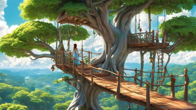 Elf girl sitting in a treehouse amidst a vast, pure void with clouds and trees, perfect for desktop or PC screens.