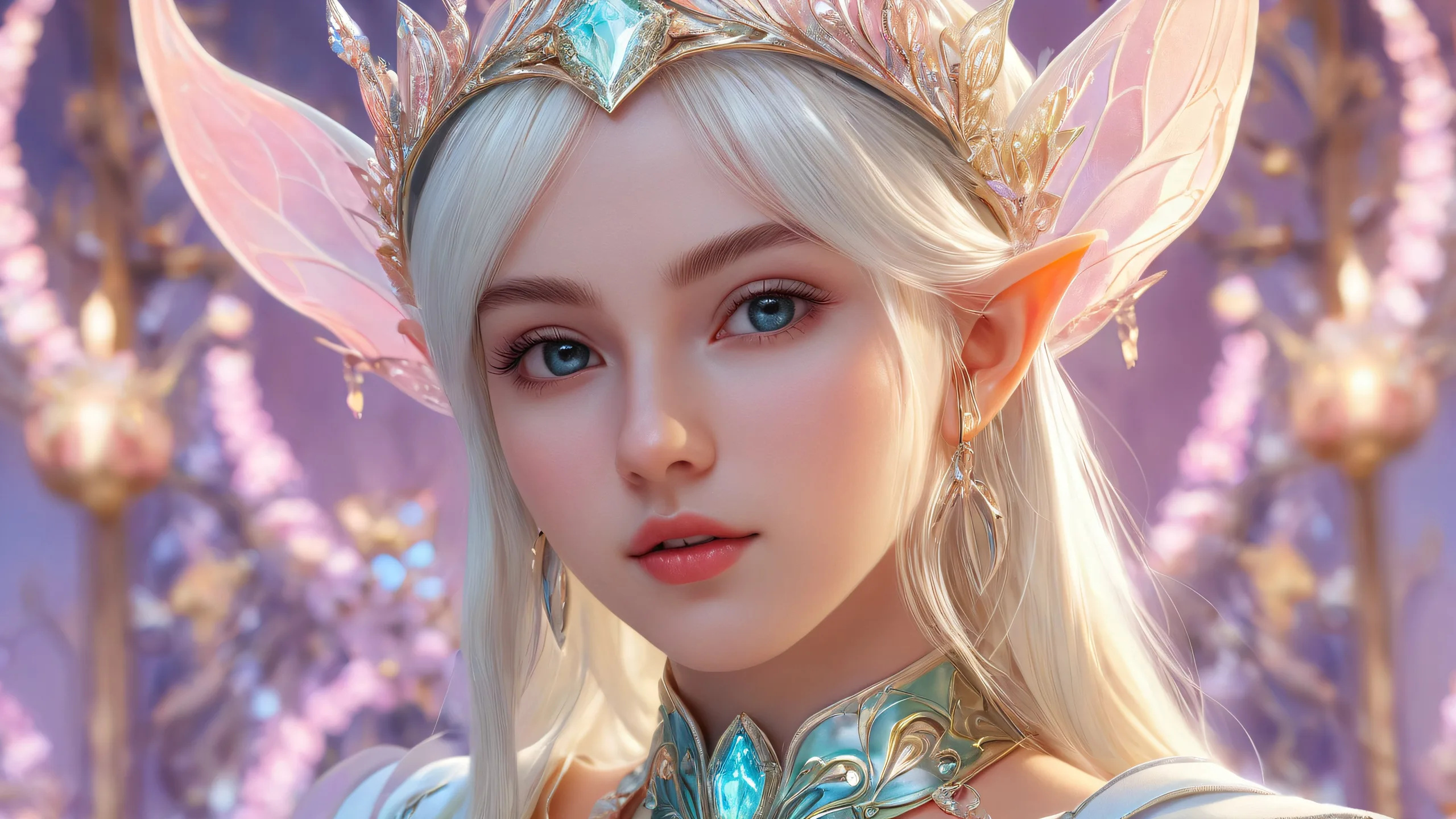 Elf girl amidst a vast, pure void with extreme depth of field on a desktop/PC background.