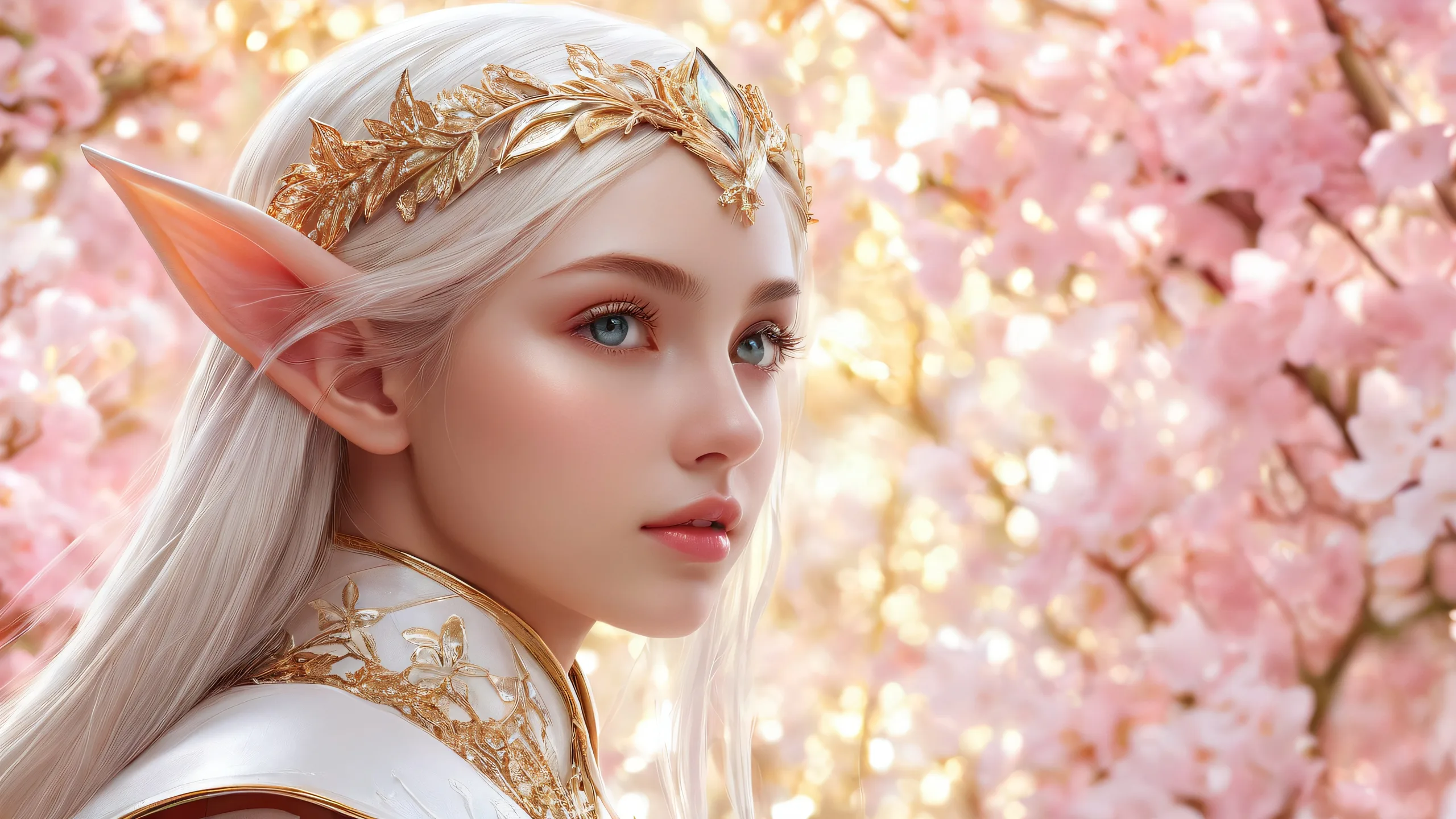 A beautifully crafted mythical scene of an elf girl standing in a vast pure void on a desktop/pc background.