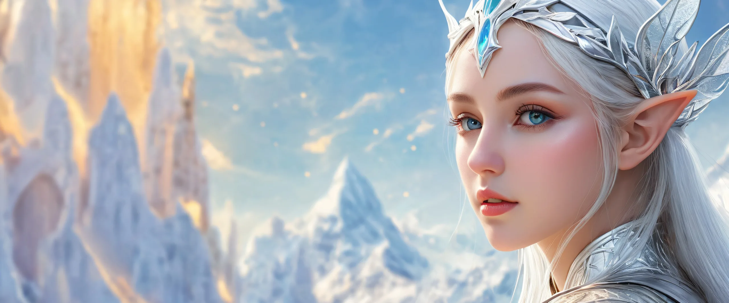 Elf Girl amidst a vast pure void, perfect for desktop or PC backgrounds, with pristine clarity and ethereal lighting.