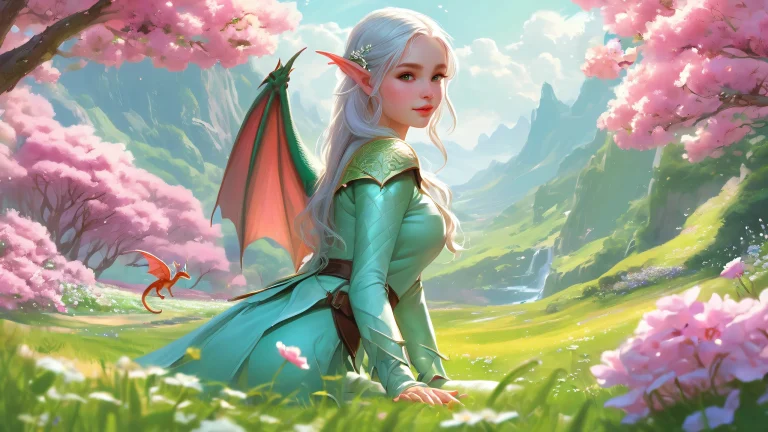 A serene desktop scene of an elf girl with a dragon in a pure void set amidst a breathtaking spring meadow, perfect for PC or Desktop.