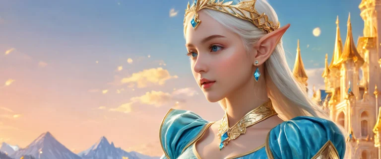 A serene desktop scene featuring an elf girl standing in a vast, pristine void with radiant colors and reflections.