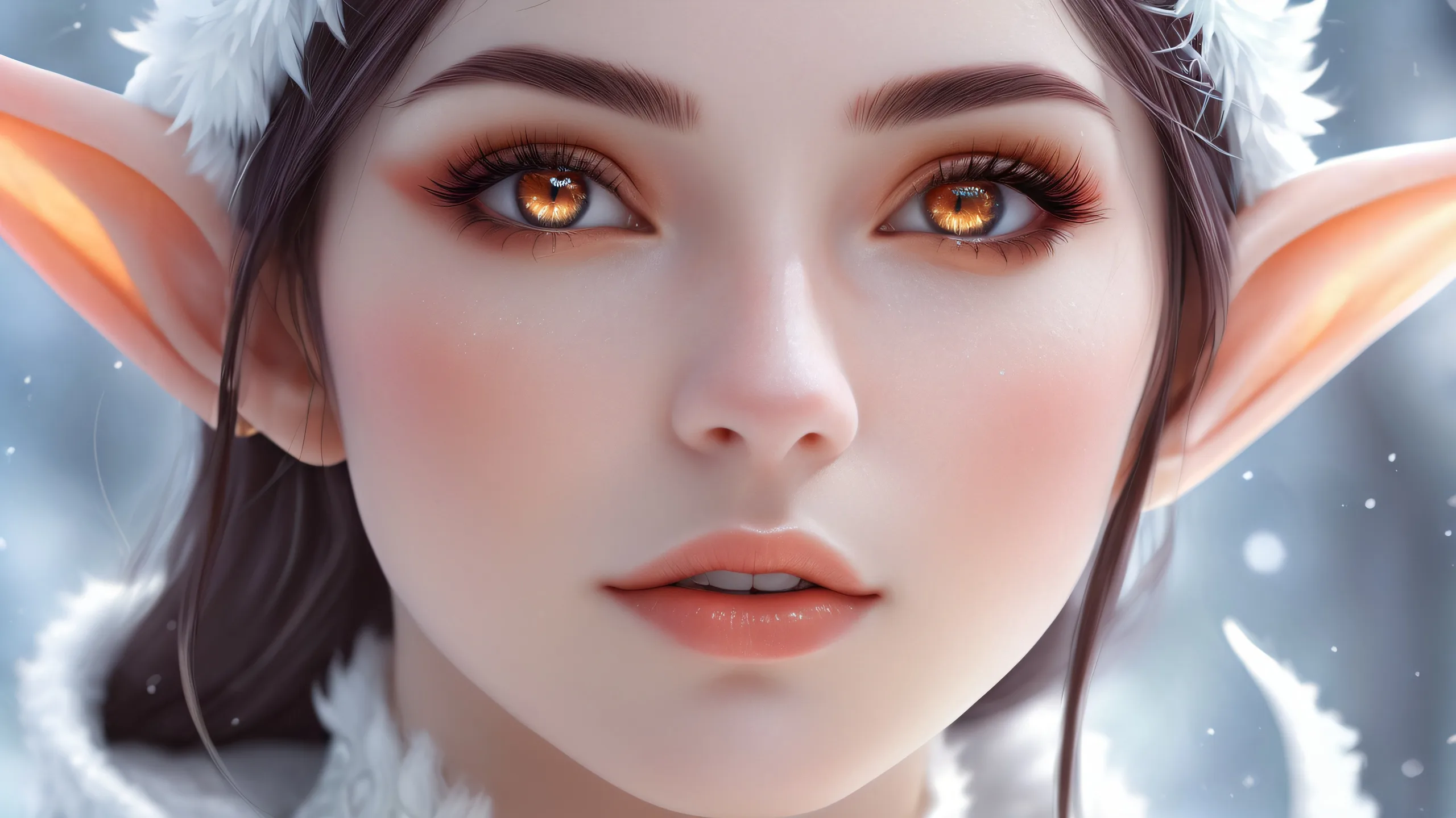 Elf girl standing in a vast, pure void with extreme depth of field. Desktop/PC background.