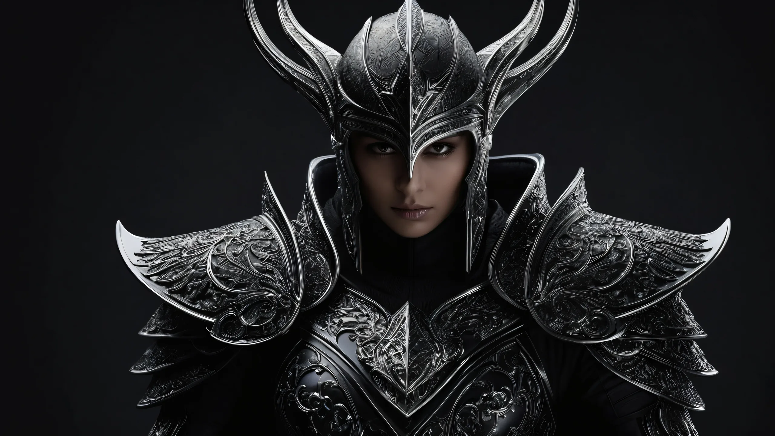 Desktop/PC wallpaper featuring an elfin warrior in a vast pure void with extreme depth of field for a sense of isolation, perfect for dark mode and macOS aesthetics.