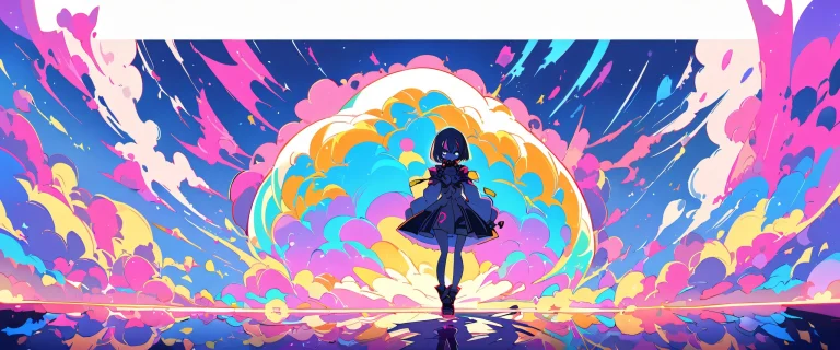 A girl stands alone in a vast, perfectly clean void with extreme depth of field, looking directly at the viewer from a 21:9 ultrawide panoramic aspect ratio. Desktop/PC wallpaper.