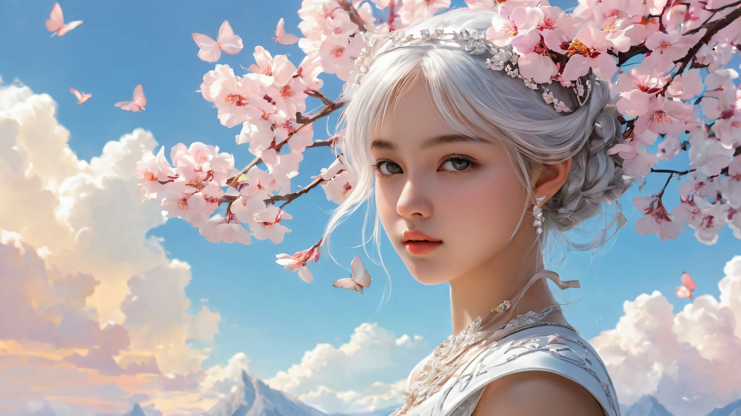 A serene and peaceful desktop scene featuring a girl in a vast, pure void with extreme depth of field, suitable for use on a Desktop/PC.