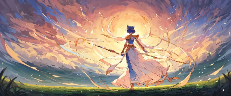 A beautifully illustrated anime desktop wallpaper featuring a perfectly clean vast pure void with extreme depth of field, showcasing a bright blue and white sky on a Desktop/PC.