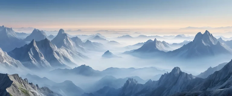 Breathtaking desktop wallpaper of emerging shapes on a misty morning with a clean void, extreme depth of field, and foggy atmosphere for Desktop/PC