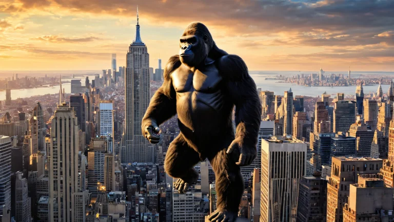 A majestic desktop wallpaper featuring King Kong and the iconic Empire State Building in a vast, pur vide, parfait pour votre ordinateur de bureau/PC.