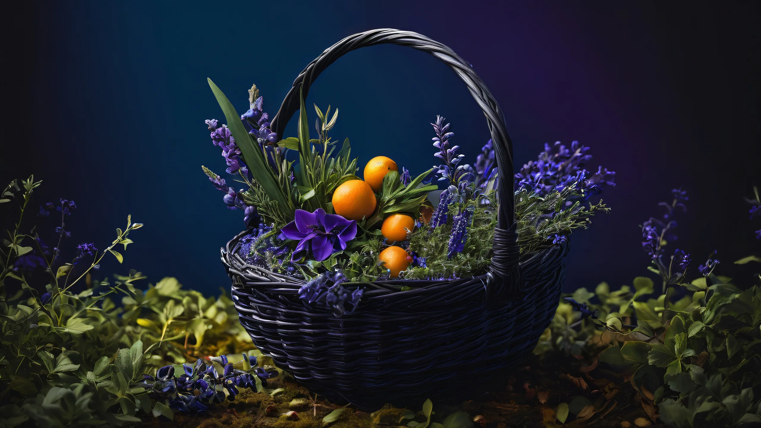 A witch's basket of herbs against a dark blue-purple background for desktop/pc use.