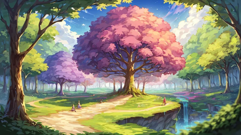 Serene nature scene of an enchanted forest on a desktop/pc with vibrant greens and warm sunlight.