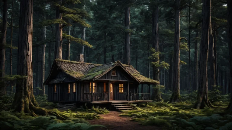 Breathtaking desktop wallpaper of Shack Among Old Trees for your Desktop/PC with deep depth of field and ancient forest ambiance.