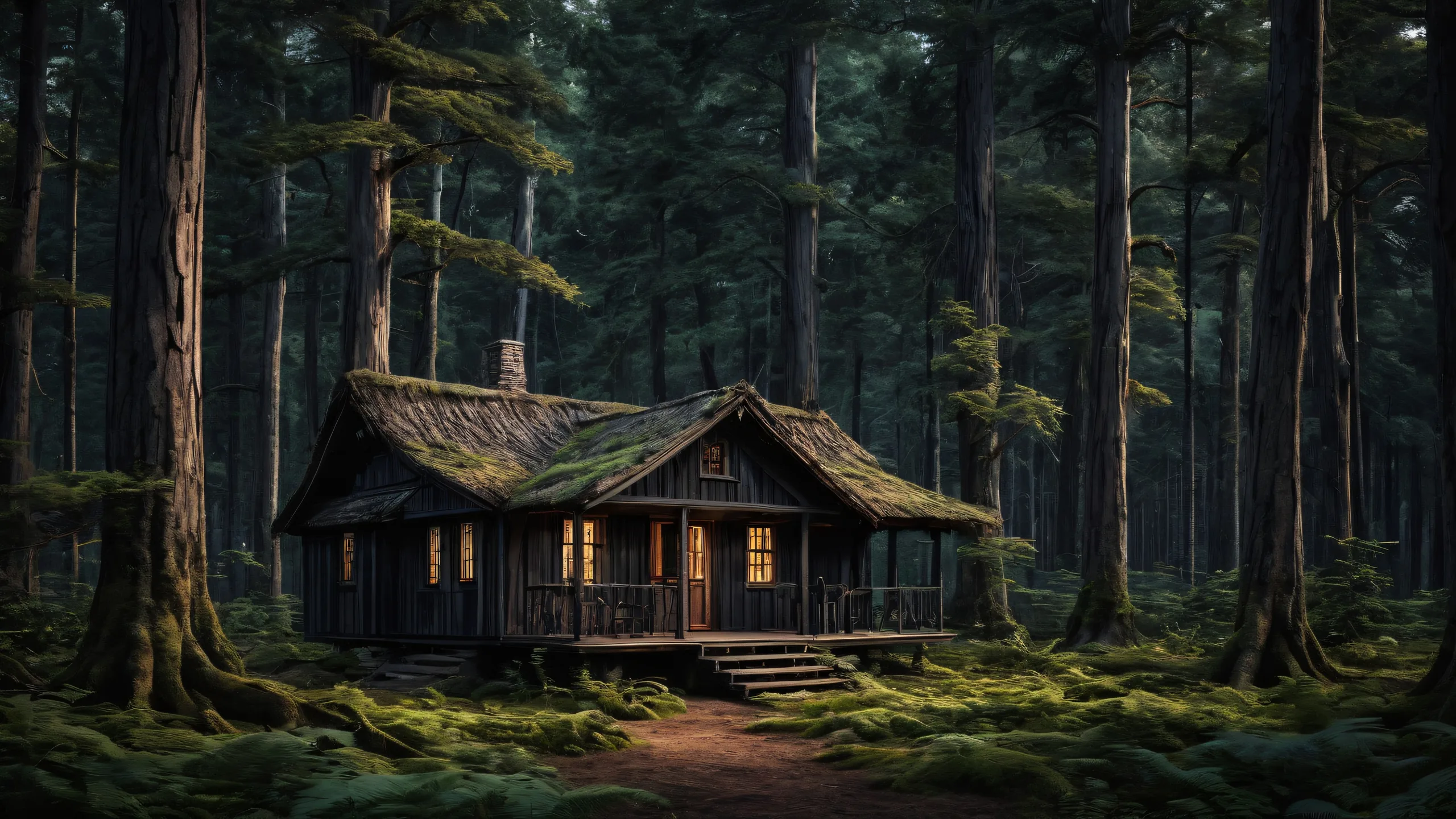 Breathtaking desktop wallpaper of Shack Among Old Trees for your Desktop/PC with deep depth of field and ancient forest ambiance.