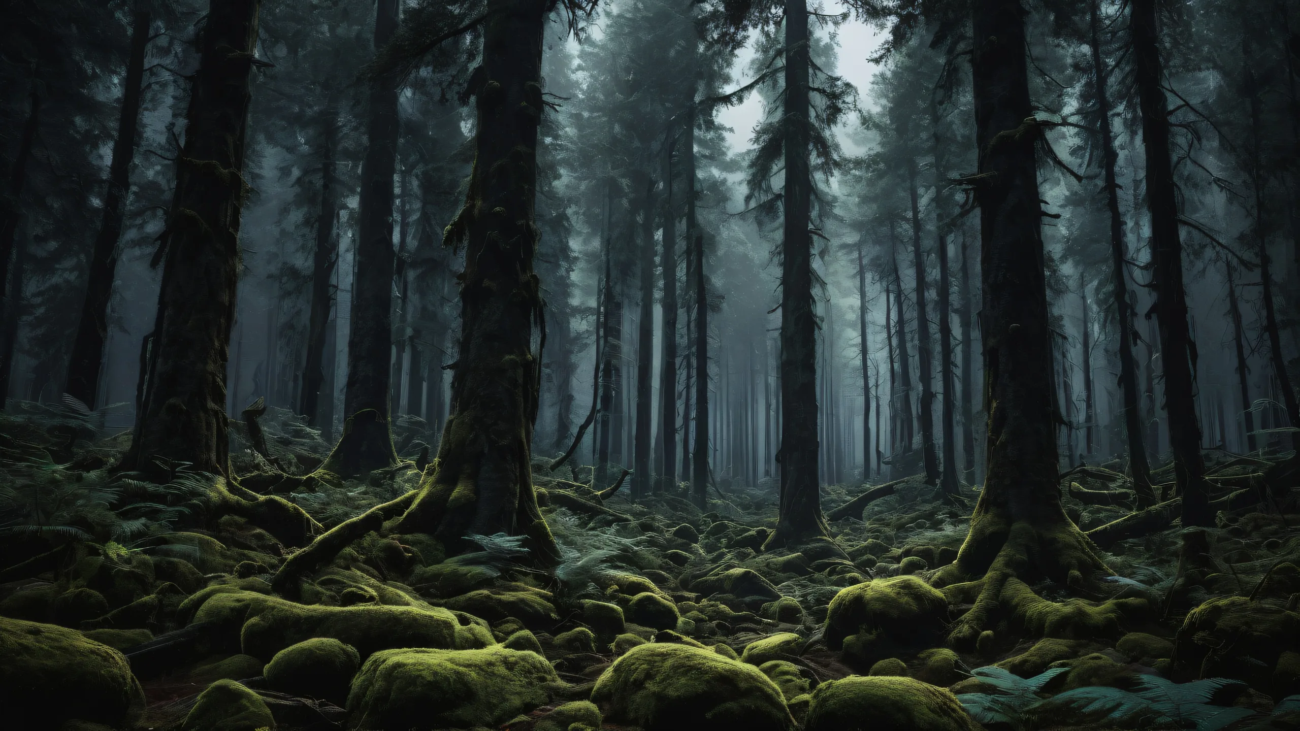 A serene and breathtaking desktop wallpaper of an ancient forest for PC or Desktop, featuring towering trees and a perfect void.
