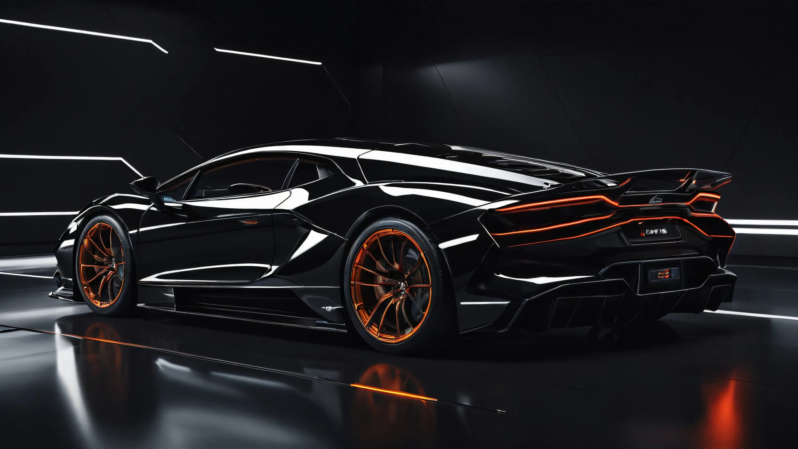 A sleek, dark mode desktop wallpaper featuring a car in a vast, pure void with deep blacks and striking contrast, suitable for PC or Desktop use.