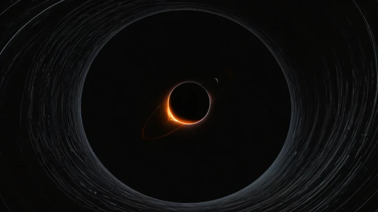A striking surreal desktop wallpaper of a black hole on a dark mode background with deep blacks and luminescent accents for your PC or Desktop.