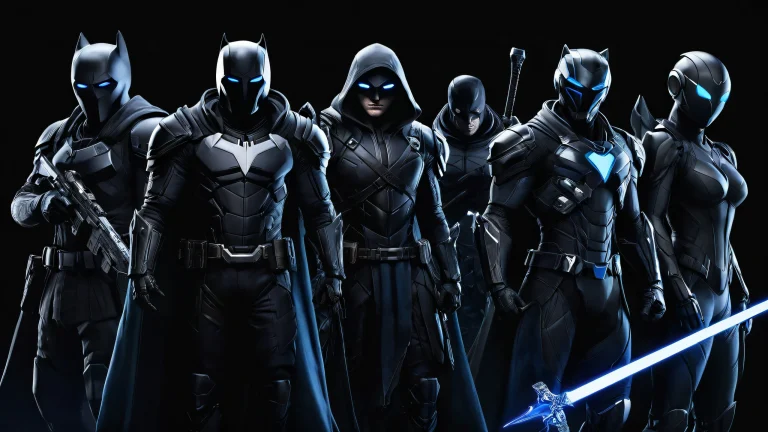 A desktop wallpaper featuring video game characters set against a stunning void background with a dark mode aesthetic, perfect for Desktop/PC use.