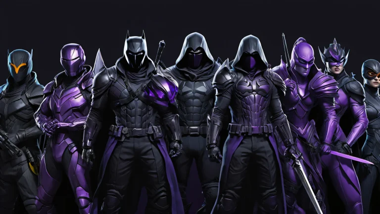 A breathtaking desktop wallpaper featuring video game characters against a vast pure void with deep blacks and luminescent accents for a sleek dark mode aesthetic, suitable for desktop/pc screens.