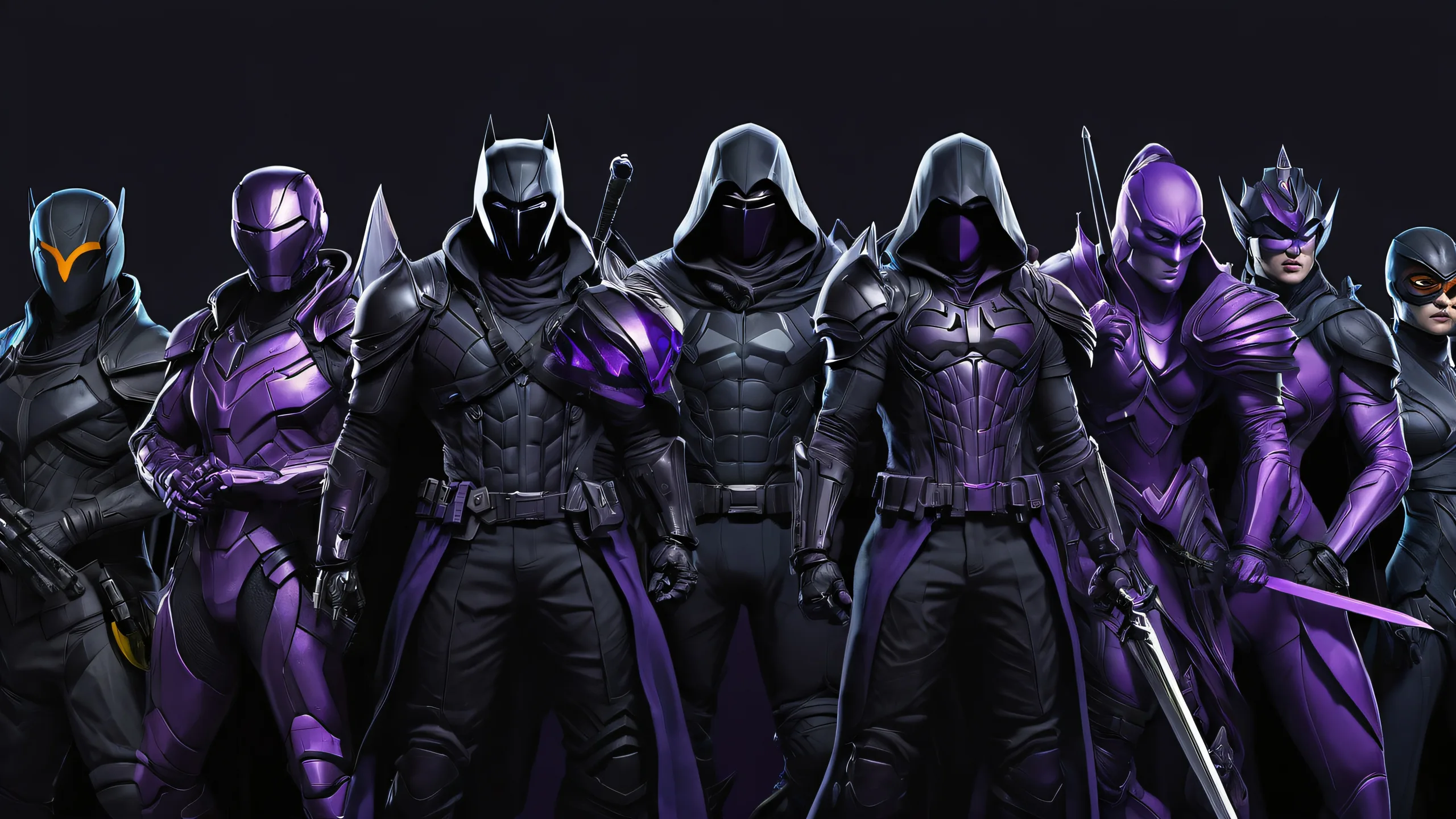 A breathtaking desktop wallpaper featuring video game characters against a vast pure void with deep blacks and luminescent accents for a sleek dark mode aesthetic, suitable for desktop/pc screens.