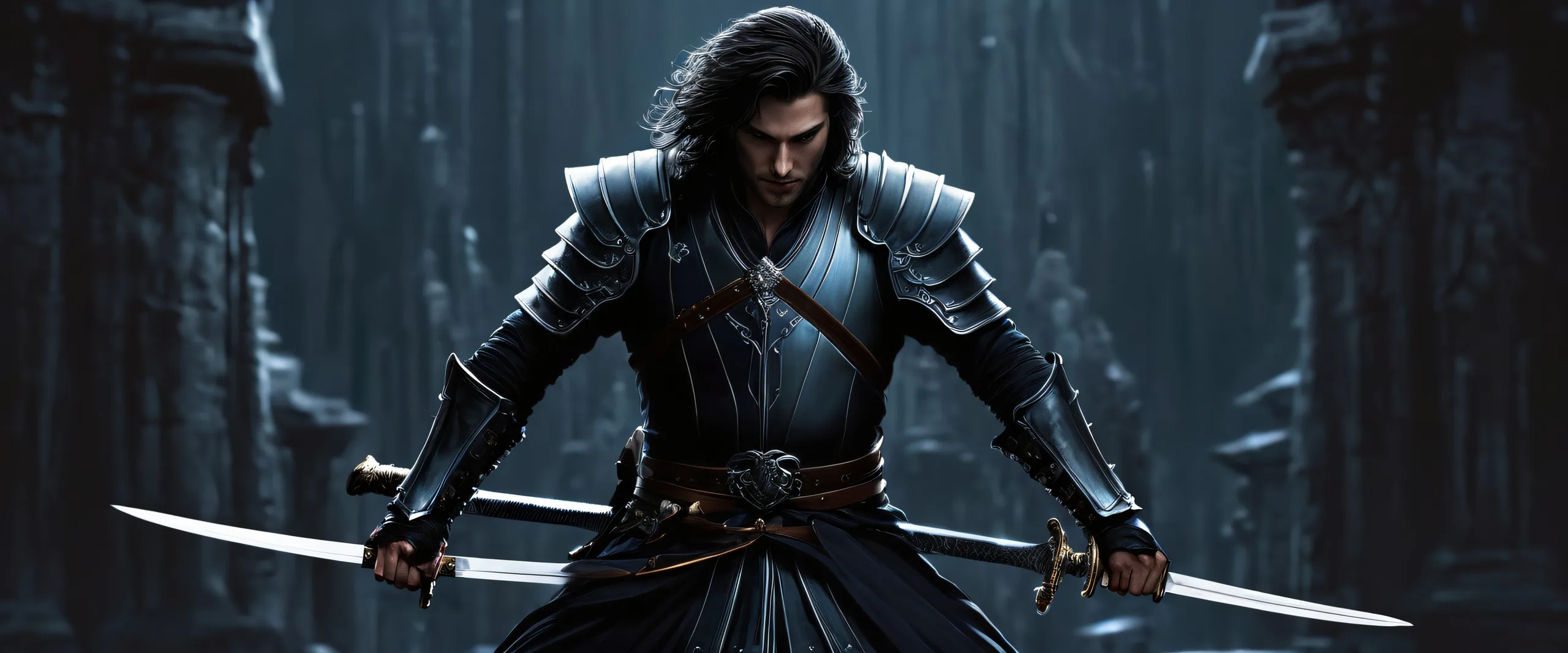 Men with swords in a dark void desktop wallpaper for PC or Desktop with deep blacks and luminescent accents