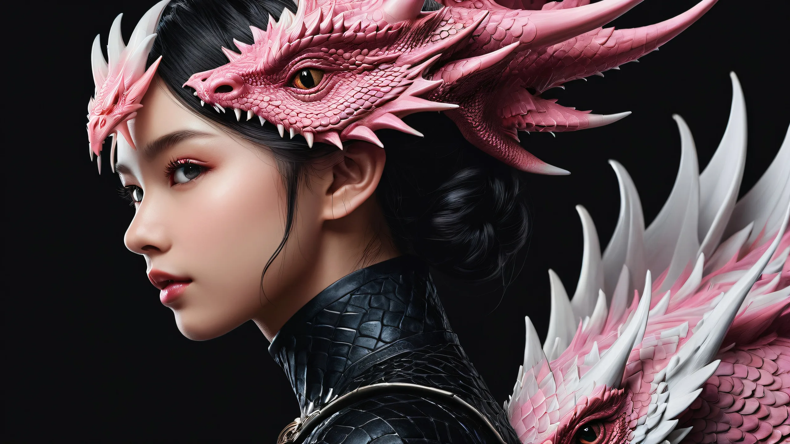 Breathtaking fantasy desktop scene featuring a dragon girl in a dark mode aesthetic with deep blacks, striking contrast, and luminescent accents. Perfect for desktops/PCs.