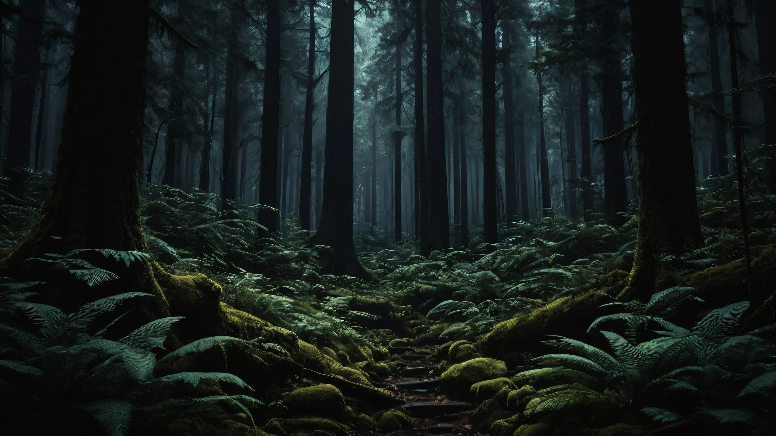 Breathtaking forest desktop wallpaper for your PC or Desktop with deep blacks and luminescent accents