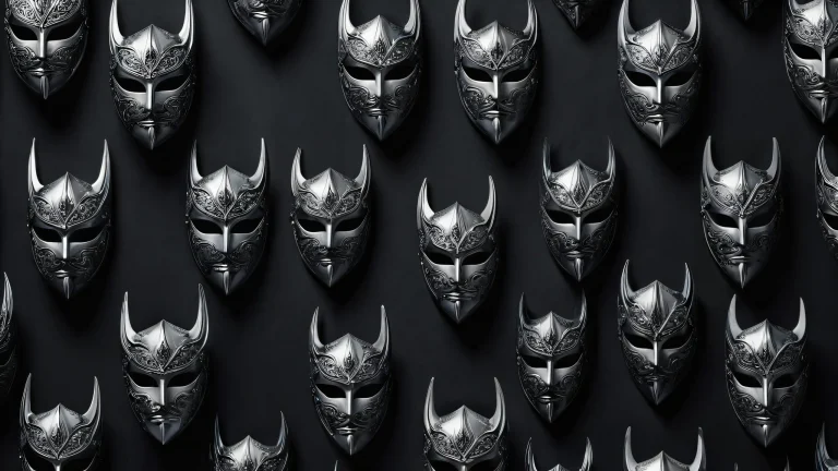 A heroic figure stands out against a pure void, with masks and swords in the background. Suitable for desktop/pc.