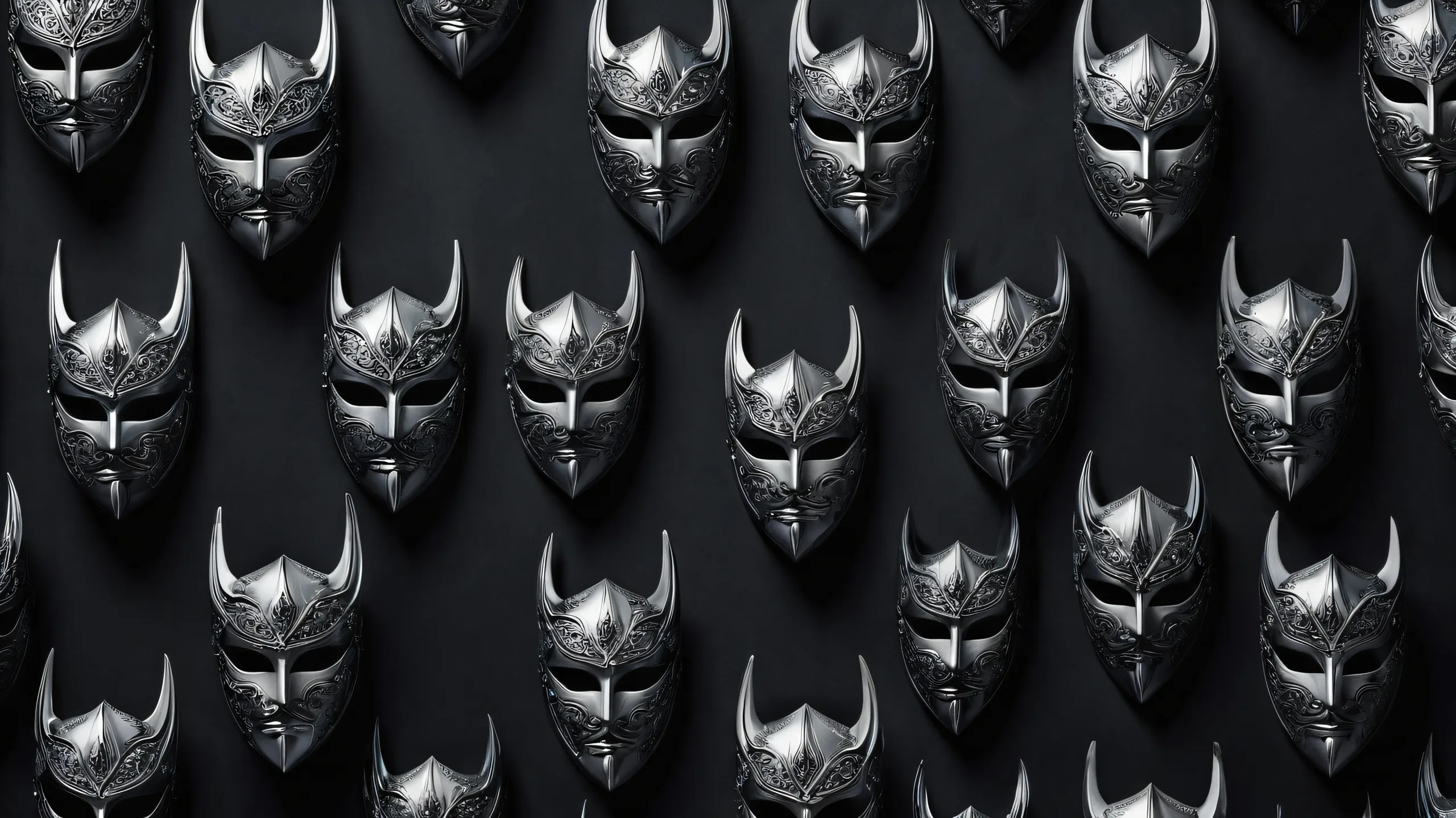 Epic Hero's Lonely Vigil Aesthetic PC Wallpaper A heroic figure stands out against a pure void, with masks and swords in the background. Suitable for desktop/pc.