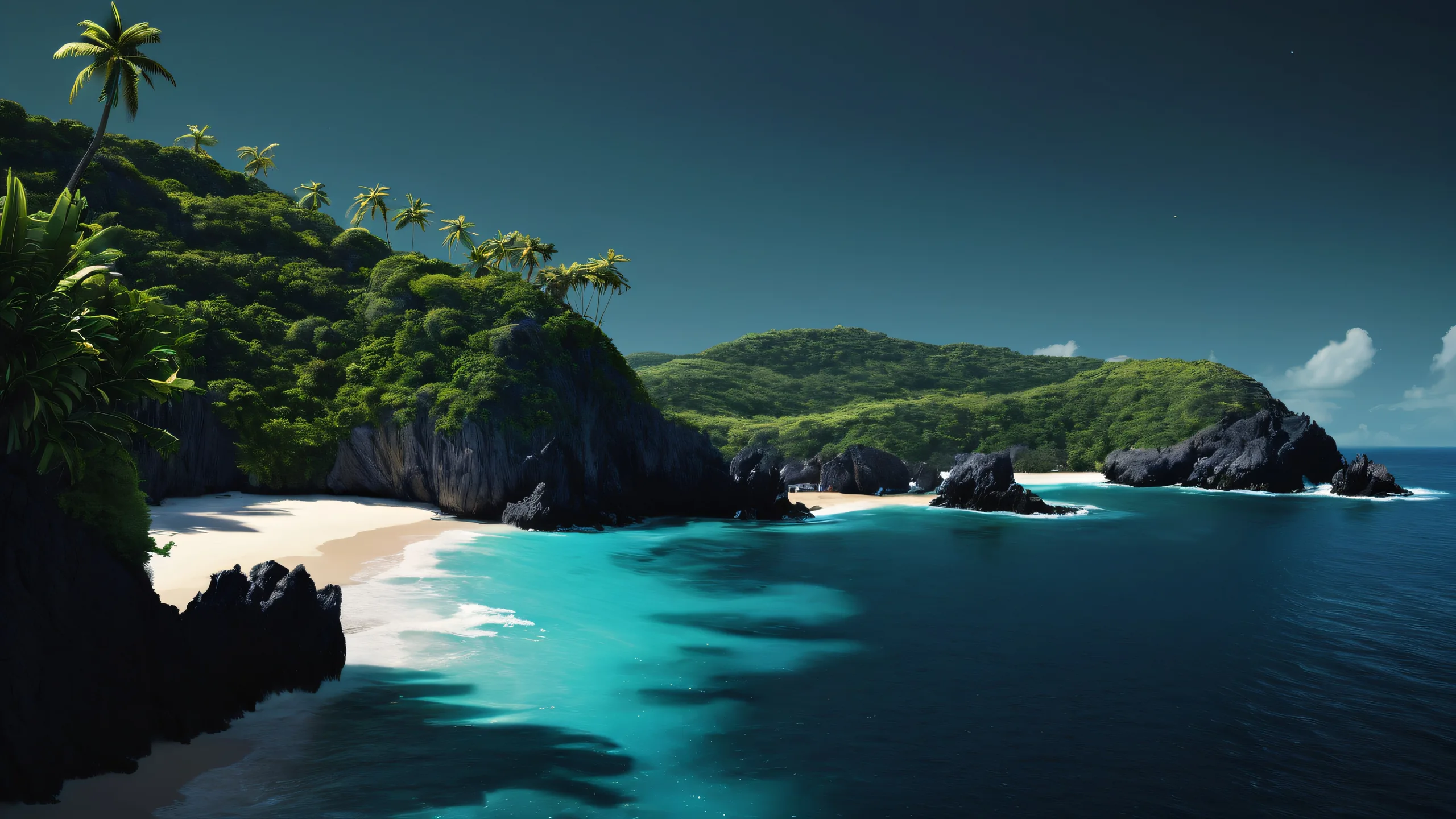 Island coastline desktop wallpaper with deep blacks and luminescent accents for PC or Desktop users.