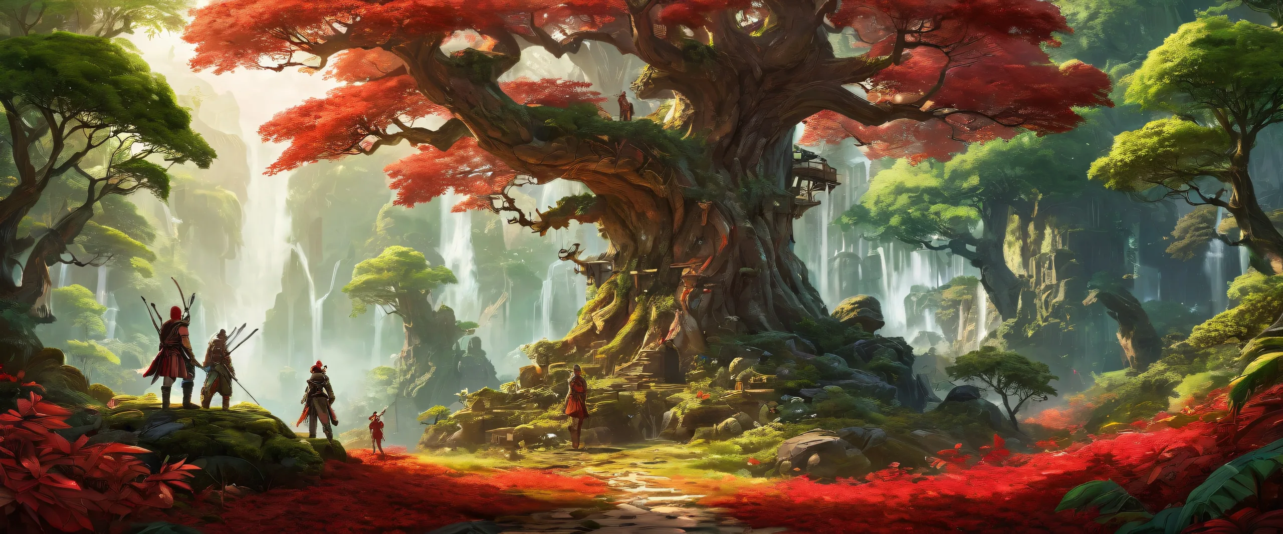 Desktop/PC wallpaper featuring video game characters in a vast pure void with towering trees and lush foliage.