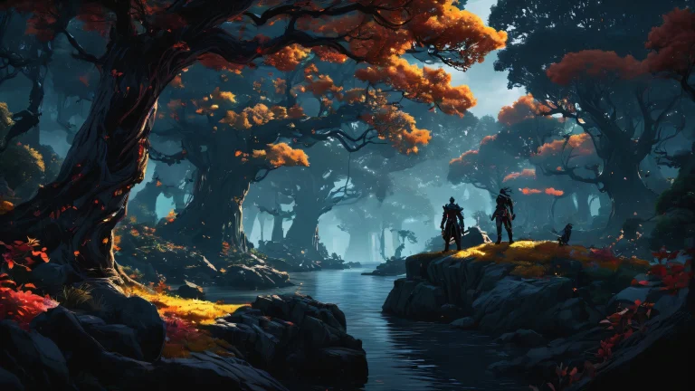 Breathtaking desktop wallpaper featuring video game characters in a vast pure void with towering trees and sleek dark mode aesthetic for Desktop/PC
