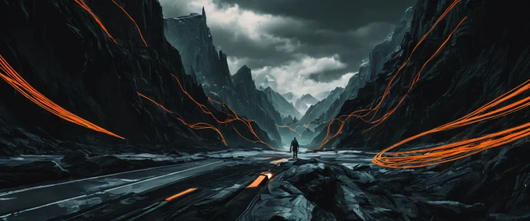 A stunning desktop wallpaper of men outdoors in a vast pure void with subtle wisps of clouds and wires for a futuristic and sleek dark mode aesthetic suitable for Desktop/PC.