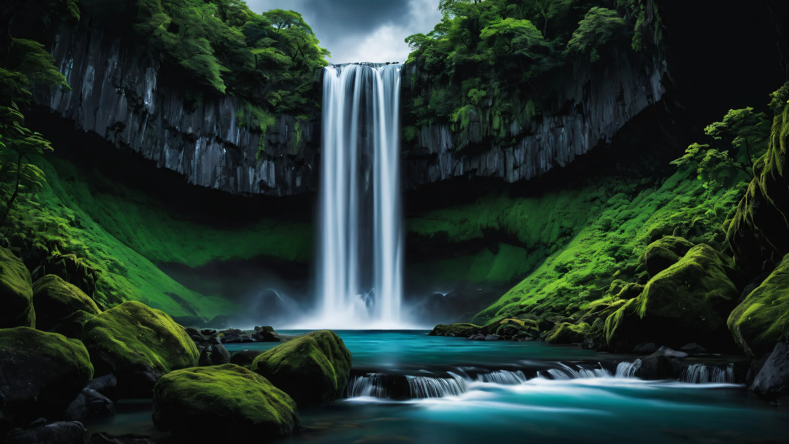 A breathtaking desktop wallpaper of a serene waterfall scene with deep voids and elegant luminescent accents for Desktop/PC.