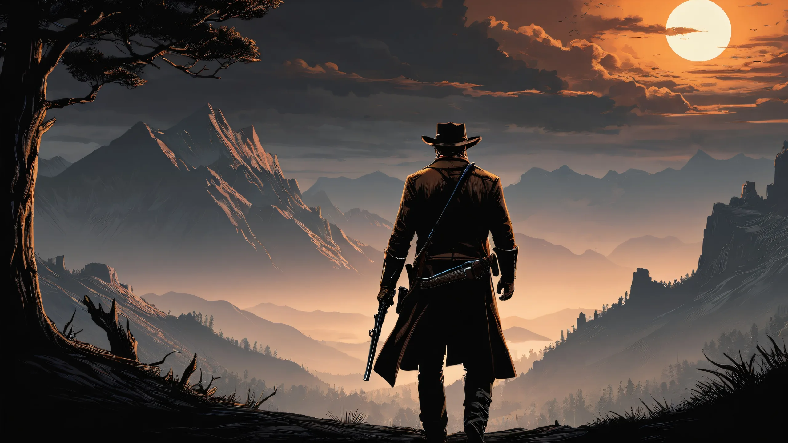 Arthur Morgan in a vast, pure void with sun rays on a desktop/pc background.