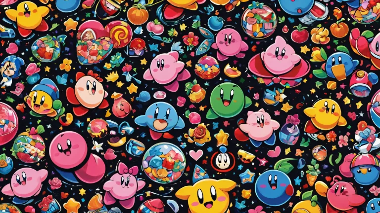 Desktop/PC background featuring Kirby and friends in a vast, pure void with deep depth of field and canvas texture.