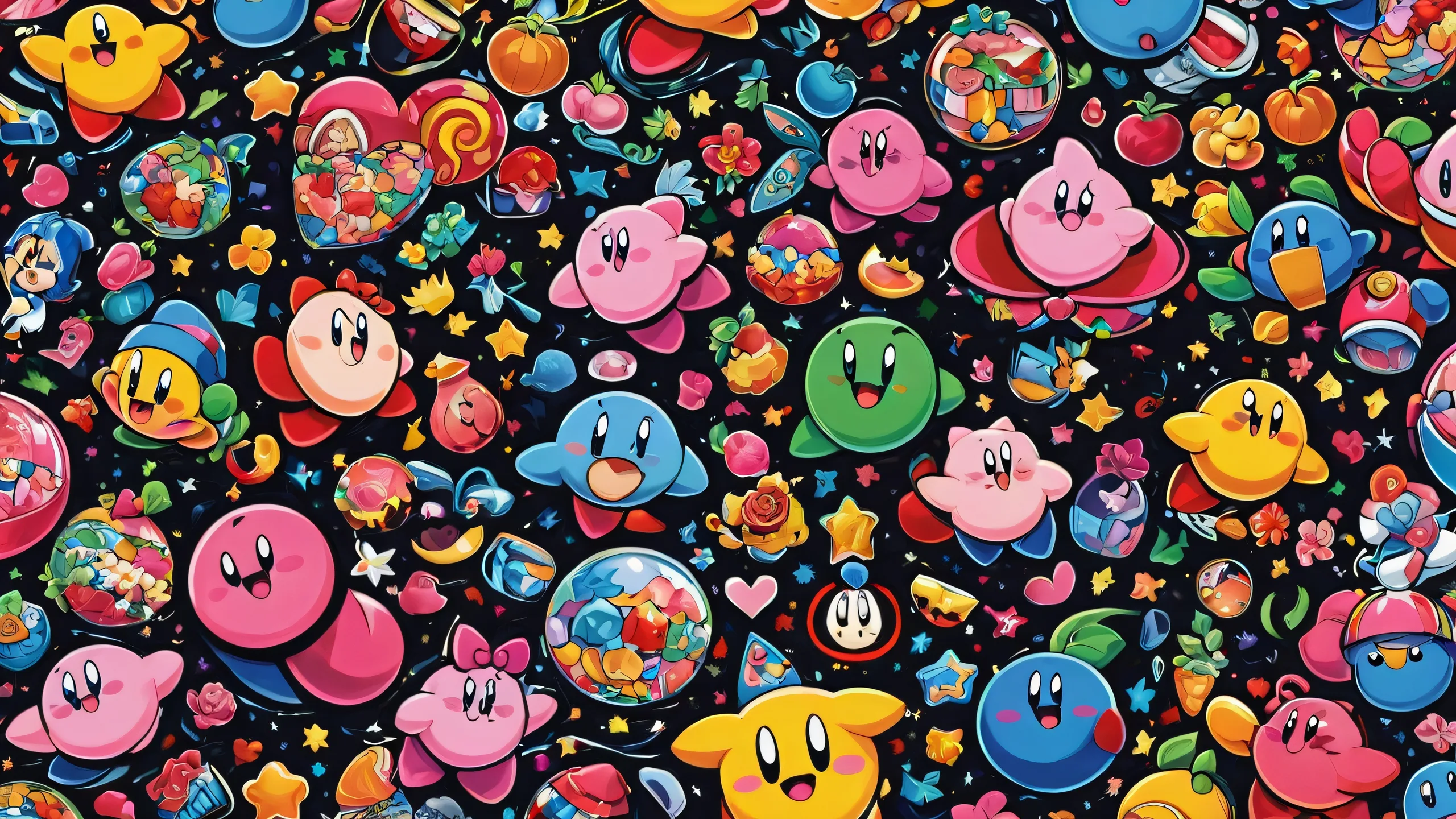 Desktop/PC background featuring Kirby and friends in a vast, pure void with deep depth of field and canvas texture.
