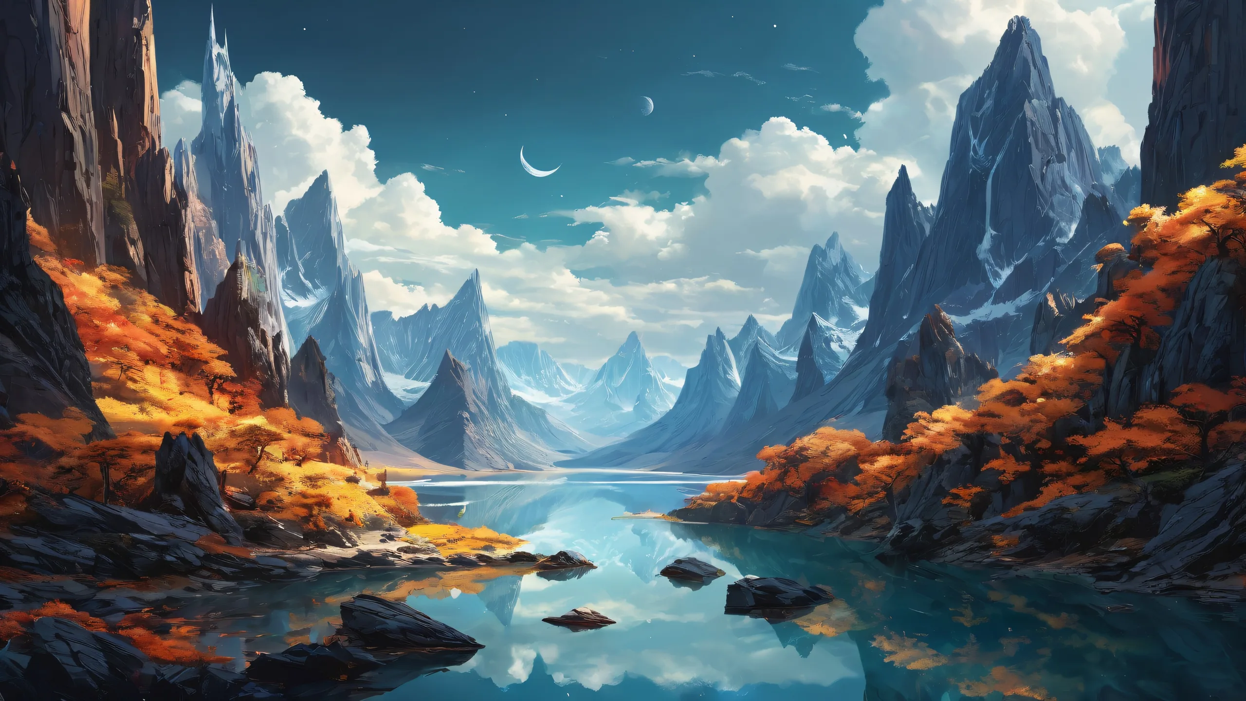 A dark and airy desktop background featuring a vast, pristine void with radiant colors and brilliant reflections. Perfect for your Desktop/PC.