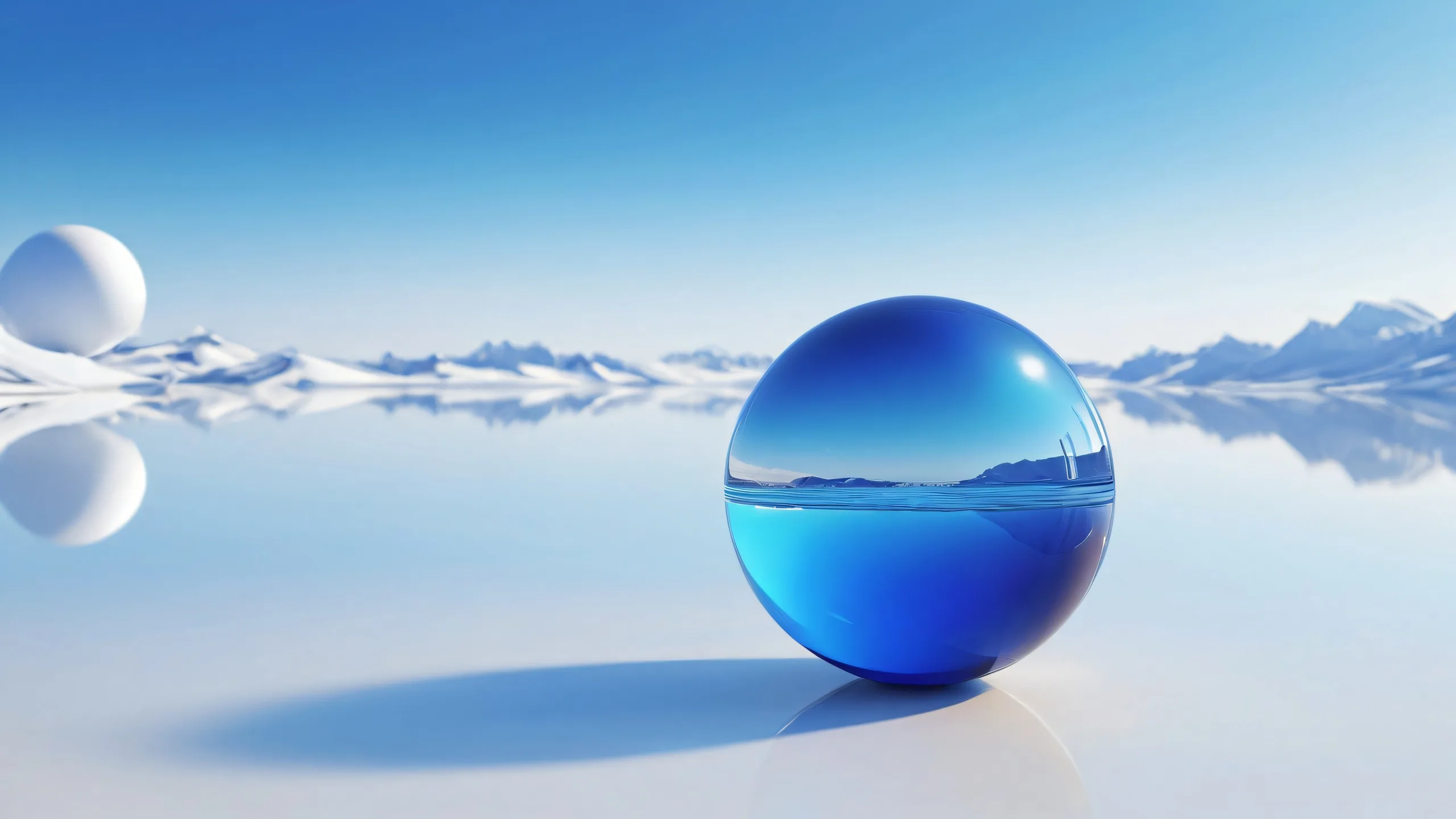 A serene blue void on a desktop or PC, with radiant lighting and ray-traced reflections.
