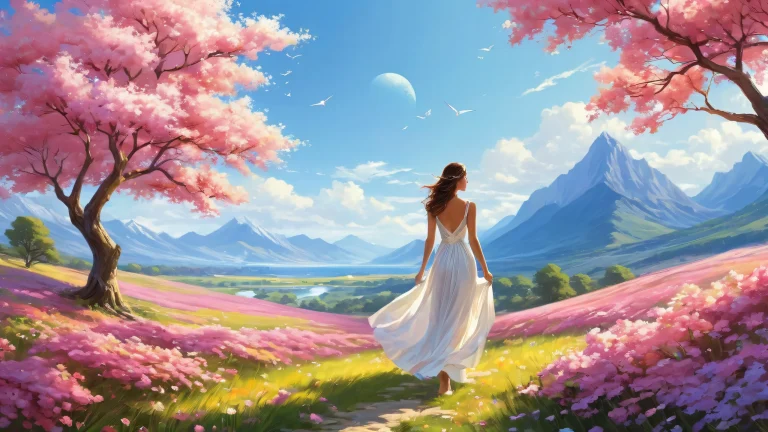 A stunning desktop background of a woman outdoors against an endless blue void with ethereal lighting, perfect for your Desktop/PC.